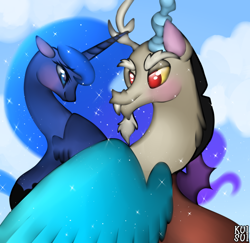 Size: 700x679 | Tagged: safe, artist:kkitsu, discord, princess luna, alicorn, pony, lunacord, shipping