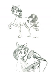 Size: 1000x1412 | Tagged: safe, artist:baron engel, oc, oc only, oc:eilemonty, pony, unicorn, cute, eilemonty, female, grayscale, mare, monochrome, ocbetes, pencil drawing, ponysona, pop filter, simple background, sketch, smiling, traditional art, white background