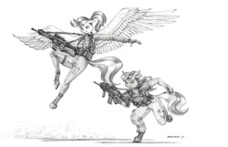 Size: 1500x966 | Tagged: safe, artist:baron engel, oc, oc only, oc:candle flare, oc:ice shiver, anthro, pegasus, unguligrade anthro, unicorn, anthro oc, assault rifle, clothes, cz bren, flying, fn scar, grayscale, gun, monochrome, pants, pencil drawing, rifle, simple background, traditional art, weapon, white background