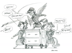 Size: 1400x1035 | Tagged: safe, artist:baron engel, apple bloom, scootaloo, sweetie belle, earth pony, pegasus, pony, semi-anthro, unicorn, cart, cutie mark crusaders, dialogue, female, filly, flight attendant, grayscale, monochrome, pencil drawing, simple background, speech bubble, traditional art, trio, white background