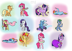 Size: 1024x726 | Tagged: safe, artist:phallen1, derpibooru import, applejack, fluttershy, pinkie pie, rainbow dash, rarity, sunset shimmer, trixie, twilight sparkle, twilight sparkle (alicorn), oc, oc:software patch, alicorn, earth pony, pony, unicorn, cellphone, chainsaw, chair, cloak, clothes, cosplay, crown, dragoon, female, fiery shimmer, fire, game boy, glasses, go kart, growth, hockey mask, inner tube, mane of fire, mare, medal, mushroom, scepter