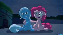 Size: 2560x1440 | Tagged: safe, artist:rupertbluefox, derpibooru import, pinkie pie, trixie, earth pony, pony, unicorn, series:30 dayz of pinks, comforting, crying, female, floppy ears, forgiveness, mare, rain, sad, thunder