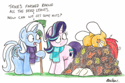 Size: 2323x1549 | Tagged: safe, artist:bobthedalek, derpibooru import, starlight glimmer, sunburst, trixie, pony, unicorn, autumn, autumn leaves, clothes, female, male, mare, rake, scarf, simple background, stallion, traditional art, trio, white background