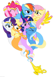 Size: 2750x4000 | Tagged: dead source, safe, artist:navitaserussirus, derpibooru import, applejack, fluttershy, pinkie pie, rainbow dash, rarity, trixie, twilight sparkle, earth pony, pegasus, pony, unicorn, blushing, female, flutterdash, genie, lesbian, lip bite, magic lamp, mane six, rarijack, scared, shipping, simple background, transparent background, twixie, vector