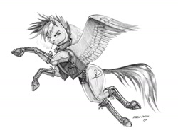 Size: 1400x1070 | Tagged: safe, artist:baron engel, rainbow dash, pegasus, pony, alternate hairstyle, cigarette, clothes, flying, grayscale, jacket, leather jacket, looking at you, monochrome, pencil drawing, punk, rainbow punk, signature, simple background, smirk, solo, traditional art, white background