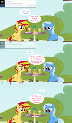 Size: 1280x2168 | Tagged: safe, artist:hakunohamikage, derpibooru import, sunset shimmer, trixie, pony, unicorn, ask, ask-princesssparkle, blushing, blushing profusely, cider, comic, female, lesbian, mare, shipping, sitting, suntrix, table, tumblr