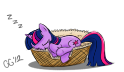 Size: 446x258 | Tagged: safe, artist:gloomygoomba, derpibooru import, twilight sparkle, unicorn twilight, pony, unicorn, basket, eyes closed, female, lying down, mare, on side, simple background, sleeping, solo, underhoof, white background, zzz