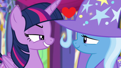 Size: 1280x720 | Tagged: safe, derpibooru import, edit, edited screencap, screencap, trixie, twilight sparkle, twilight sparkle (alicorn), alicorn, no second prances, female, heart, lesbian, shipping, twixie