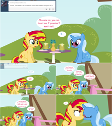 Size: 1284x1444 | Tagged: safe, artist:hakunohamikage, derpibooru import, sunset shimmer, trixie, pony, ask, ask-princesssparkle, blushing, blushing profusely, cider, comic, female, kissing, lesbian, shipping, suntrix, tumblr