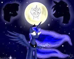 Size: 2000x1600 | Tagged: safe, artist:artyjoyful, princess luna, oc, oc:cinnamon roll, oc:crescent, oc:crystal ball, alicorn, pony, crying, hijo de la luna, moon, night