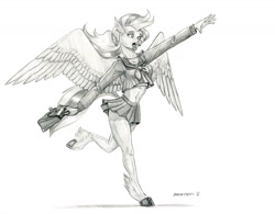 Size: 1400x1093 | Tagged: safe, artist:baron engel, silverstream, anthro, hippogriff, unguligrade anthro, clothes, female, grayscale, legs, midriff, miniskirt, moe, monochrome, pencil drawing, pleated skirt, running, school uniform, skirt, skirt lift, solo, thighs, traditional art