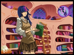 Size: 900x675 | Tagged: safe, artist:irving-zero, derpibooru import, twilight sparkle, book, clothes, golden oaks library, humanized, no more ponies at source, skirt, solo