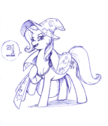 Size: 2221x2590 | Tagged: safe, artist:longinius, derpibooru import, trixie, pony, unicorn, #1, cloak, clothes, confident, female, hat, mare, monochrome, sketch, solo, speech bubble, traditional art, wizard hat