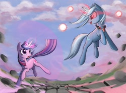 Size: 1800x1335 | Tagged: safe, artist:geminas0wng, derpibooru import, trixie, twilight sparkle, magic duel, alicorn amulet, epic, fight, force field, glowing eyes, magic