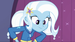 Size: 854x481 | Tagged: safe, derpibooru import, edit, edited screencap, screencap, trixie, equestria girls, alternate hairstyle, solo