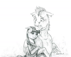 Size: 1400x1126 | Tagged: safe, artist:baron engel, bulk biceps, maud pie, earth pony, pony, comforting, ear piercing, earring, female, grayscale, jewelry, male, mare, monochrome, pencil drawing, piercing, sad, simple background, sketch, stallion, traditional art, white background, wing hold