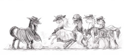Size: 1024x460 | Tagged: safe, artist:baron engel, oc, oc only, earth pony, pony, unicorn, cigarette, clothes, female, grayscale, hat, hat over eyes, male, mare, monochrome, pencil drawing, poncho, rearing, serape, simple background, stallion, story included, traditional art, white background