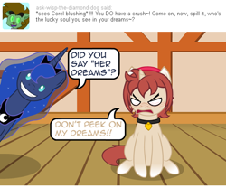 Size: 540x450 | Tagged: safe, artist:aha-mccoy, princess luna, oc, oc:corel, alicorn, pony, unicorn, nopony-ask-mclovin, angry, ask, blushing, collar, dream walker luna, faic, female, gradient, mare, speech bubble, tumblr