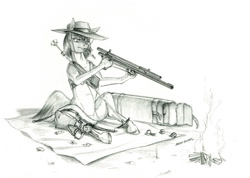 Size: 1500x1068 | Tagged: safe, artist:baron engel, oc, oc only, oc:long shot, pony, blanket, female, fire, grayscale, gun, gun barrel, gun cleaning, hat, hoof hold, mare, monochrome, pencil drawing, scope, simple background, solo, story included, traditional art, weapon, white background