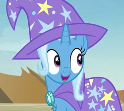 Size: 797x715 | Tagged: safe, derpibooru import, screencap, trixie, pony, unicorn, to change a changeling, cape, clothes, cute, diatrixes, female, hat, mare, open mouth, smiling, solo, trixie's cape, trixie's hat