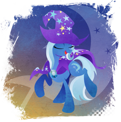 Size: 901x916 | Tagged: safe, artist:rariedash, derpibooru import, trixie, pony, unicorn, cape, clothes, cutie mark, cutie mark background, eyes closed, female, hat, hooves, lineless, mare, open mouth, solo