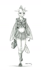 Size: 800x1404 | Tagged: safe, artist:baron engel, ocellus, anthro, changedling, changeling, unguligrade anthro, season 8, belly button, clothes, female, grayscale, midriff, monochrome, pencil drawing, sailor uniform, school uniform, schoolgirl, shoes, simple background, socks, solo, traditional art, uniform, white background