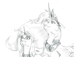 Size: 1280x988 | Tagged: safe, artist:baron engel, princess celestia, oc, alicorn, pony, unicorn, female, glasses, grayscale, horn ring, jewelry, magic suppression, mare, monochrome, pencil drawing, regalia, simple background, story included, traditional art, white background