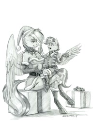 Size: 1100x1429 | Tagged: safe, artist:baron engel, rainbow dash, scootaloo, anthro, pegasus, unguligrade anthro, christmas, clothes, costume, duo, female, grayscale, hat, holiday, mare, monochrome, pencil drawing, present, santa costume, santa hat, scarf, simple background, sketch, smiling, traditional art, white background