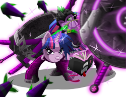 Size: 3300x2550 | Tagged: safe, artist:aloid19, spike, twilight sparkle, dragon, armor, arrows, book, fight, glowing horn, magic, riding, shield, sweat, telekinesis, weapon