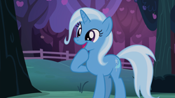 Size: 1920x1080 | Tagged: safe, derpibooru import, screencap, trixie, pony, unicorn, uncommon bond, cute, diatrixes, female, mare, open mouth, raised hoof, smiling, solo