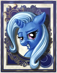 Size: 700x900 | Tagged: safe, artist:harwick, derpibooru import, trixie, pony, unicorn, bedroom eyes, female, grin, harwick's sun/moon portraits, looking at you, mare, portrait, smiling, smirk, solo