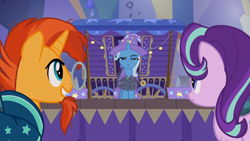 Size: 1920x1080 | Tagged: safe, derpibooru import, screencap, starlight glimmer, sunburst, trixie, pony, unicorn, uncommon bond, cape, caravan, chains, clothes, hat, solo, trixie's cape, trixie's hat, trixie's wagon, wagon