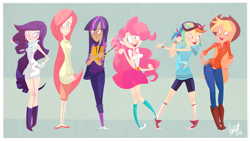 Size: 2000x1130 | Tagged: safe, artist:nickswift, derpibooru import, applejack, fluttershy, pinkie pie, rainbow dash, rarity, twilight sparkle, book, clothes, converse, dress, goggles, humanized, mane six, shoes, skinny, skirt