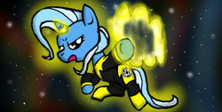 Size: 1366x686 | Tagged: safe, artist:eddreanei, derpibooru import, trixie, pony, unicorn, female, green lantern, magic, mare, parody, sinestro corps, solo, space, yellow lantern