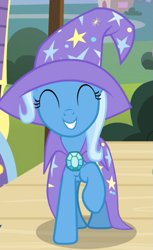 Size: 437x712 | Tagged: safe, derpibooru import, screencap, trixie, pony, unicorn, uncommon bond, cape, clothes, cropped, cute, diatrixes, female, hat, mare, raised hoof, solo, trixie's cape, trixie's hat