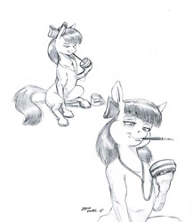 Size: 1024x1179 | Tagged: safe, artist:baron engel, apple bloom, earth pony, pony, bow, female, filly, grayscale, hair bow, jewelry, monochrome, mouth hold, paint can, paintbrush, pencil drawing, pendant, simple background, solo, story included, traditional art, white background