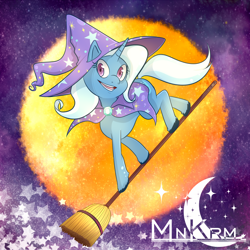 Size: 900x900 | Tagged: safe, artist:mnkrm, derpibooru import, trixie, pony, unicorn, broom, female, flying, flying broomstick, mare, smiling, solo