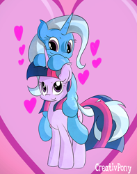 Size: 500x635 | Tagged: safe, artist:tivy, derpibooru import, trixie, twilight sparkle, female, heart, intertwined tails, lesbian, ponies riding ponies, shipping, twixie
