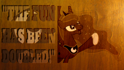 Size: 1920x1080 | Tagged: safe, artist:chadbeats, artist:gamemasterluna, princess luna, alicorn, pony, cutie mark, quote, solo, the fun has been doubled, vector, wallpaper, wood