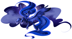 Size: 1200x661 | Tagged: safe, artist:rubyrue, princess luna, alicorn, pony, flying, simple background, solo