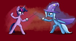 Size: 1300x700 | Tagged: safe, artist:senx, derpibooru import, trixie, twilight sparkle, duel, fencing, fight, sword