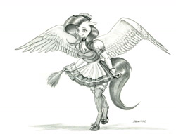 Size: 1400x1071 | Tagged: safe, artist:baron engel, fluttershy, anthro, pegasus, unguligrade anthro, clothes, curtsey, cute, duster, female, floppy ears, gloves, grayscale, large wings, maid, mare, monochrome, outfit, pencil drawing, shoes, simple background, skirt, smiling, socks, solo, stockings, thigh highs, traditional art, white background, wings