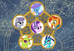 Size: 854x583 | Tagged: safe, derpibooru import, edit, edited screencap, screencap, maud pie, princess ember, starlight glimmer, sunburst, thorax, trixie, changedling, changeling, dragon, pony, unicorn, shadow play, alternate mane six, king thorax