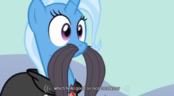 Size: 640x355 | Tagged: safe, derpibooru import, screencap, trixie, pony, unicorn, magic duel, female, mare, meme, moustache, solo, youtube caption