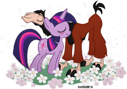 Size: 634x447 | Tagged: safe, artist:danilee3240, derpibooru import, twilight sparkle, llama, pony, unicorn, crack shipping, crossover, crossover shipping, female, flower, kuzco, kuzlight, male, nuzzling, shipping, straight, the emperor's new groove