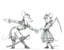 Size: 1400x1102 | Tagged: safe, artist:baron engel, apple bloom, oc, oc:king trafalgar maximilian augustus leopold iii, anthro, mouse, grayscale, monochrome, pencil drawing, scythe, simple background, species swap, traditional art, white background
