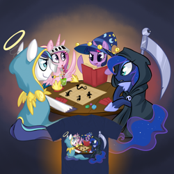 Size: 1000x1000 | Tagged: safe, artist:meekcheep, princess cadance, princess luna, shining armor, twilight sparkle, alicorn, pony, unicorn, book, cloak, clothes, dungeons and dragons, halo, roleplaying, scythe, straw, tabletop game