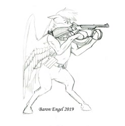 Size: 1100x1112 | Tagged: safe, artist:baron engel, pegasus, pony, bipedal, female, grayscale, gun, mare, monochrome, pencil drawing, simple background, sketch, solo, traditional art, weapon, white background