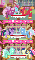 Size: 1278x2170 | Tagged: safe, artist:themexicanpunisher, derpibooru import, screencap, big macintosh, bon bon, cheerilee, cup cake, lyra heartstrings, sweetie drops, trixie, twilight sparkle, earth pony, pony, unicorn, hearts and hooves day (episode), alternate universe, bedroom eyes, cheerimac, female, lesbian, lyrabon, male, mare, shipping, stallion, straight, sugarcube corner, twixie