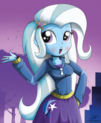 Size: 1784x2162 | Tagged: safe, artist:the-butch-x, derpibooru import, trixie, equestria girls, blushing, clothes, hand on hip, skirt, solo, sweater